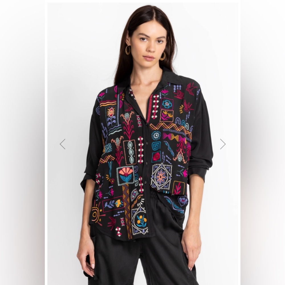 Johnny Was Workshop Silk Campo Relaxed Oversized Shirt XL Button Down